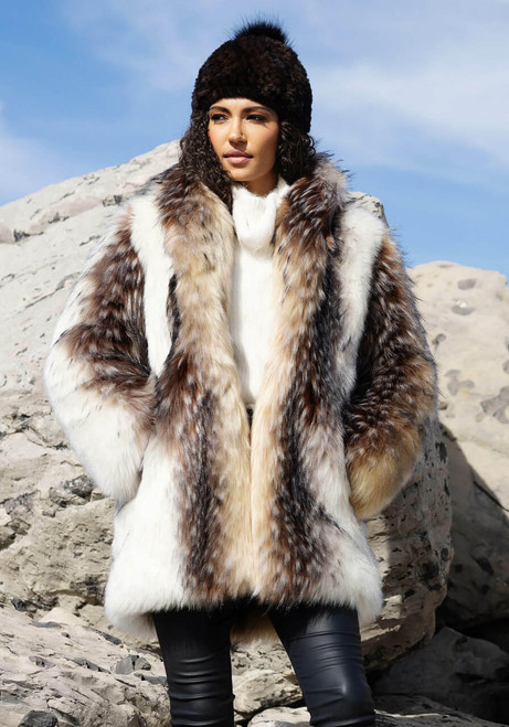  Arctic Wolf Faux Fur Shawl Collar Coat 