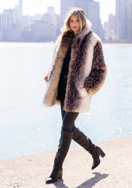  Arctic Wolf Faux Fur Shawl Collar Coat 