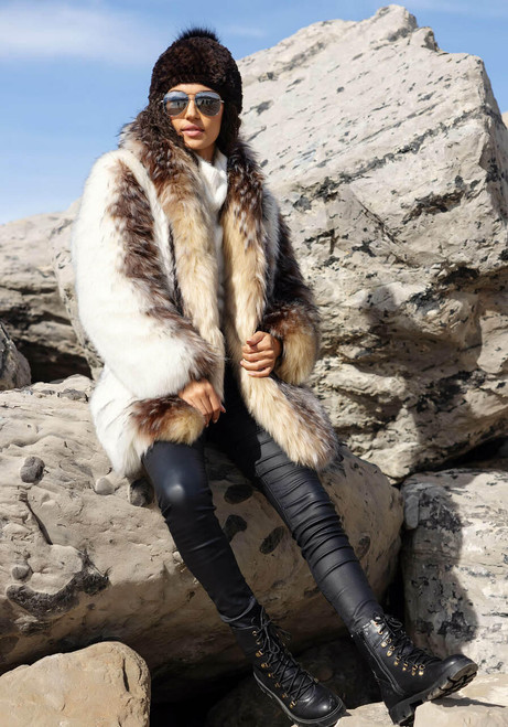  Arctic Wolf Faux Fur Shawl Collar Coat 