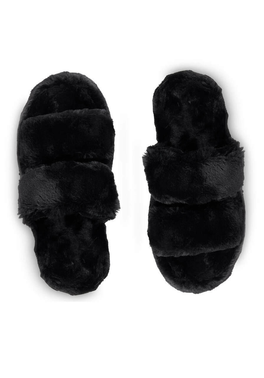  Black Faux Fur Platform Slippers 
