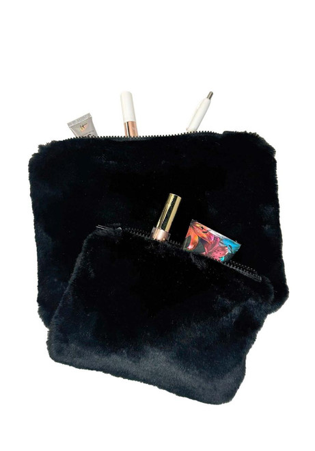Black Sheared Beaver Faux Fur Travel Pouches (Set of 2)