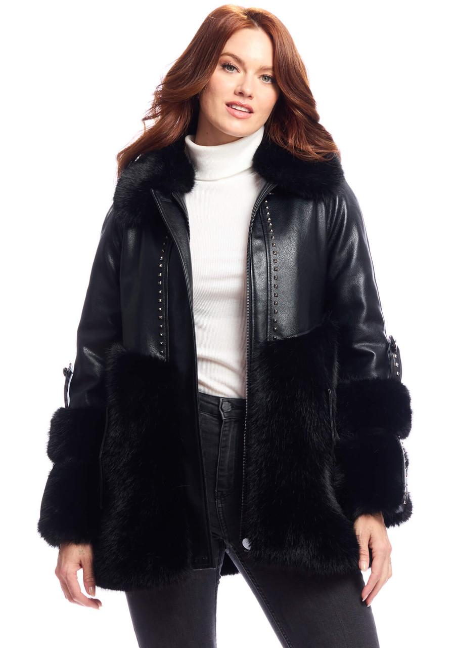 Fabulous-Furs Black Faux Fur & Faux Leather Black Diamond Coat 