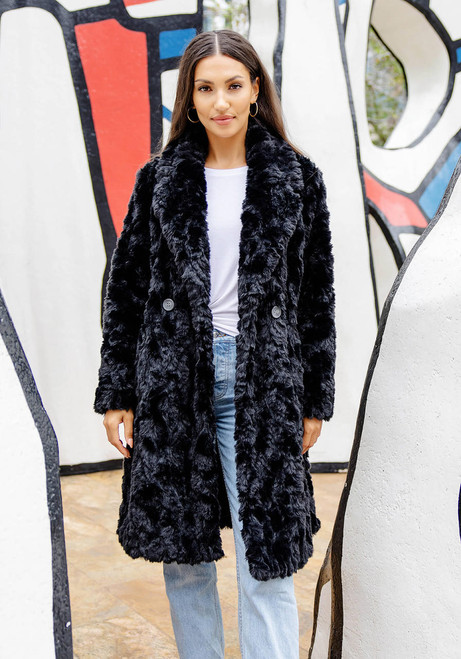 Fabulous-Furs Black Faux Fur Everywhere Persian Lamb Knee-Length Coat 