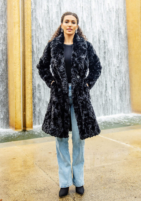 Fabulous-Furs Black Faux Fur Everywhere Persian Lamb Knee-Length Coat 