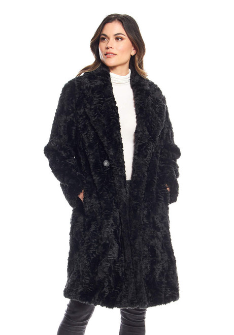 Fabulous-Furs Black Faux Fur Everywhere Persian Lamb Knee-Length Coat 