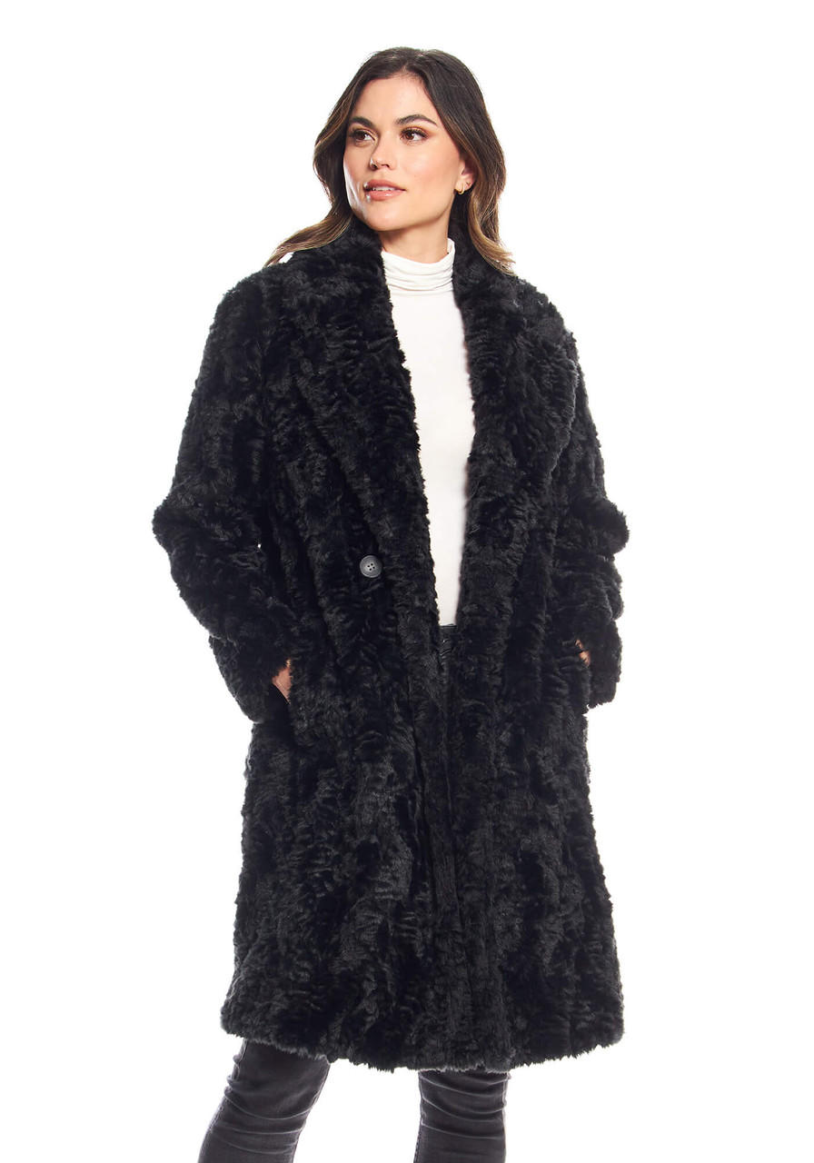 Fabulous-Furs Black Faux Fur Everywhere Persian Lamb Knee-Length Coat 