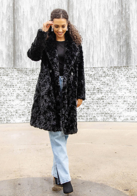 Fabulous-Furs Black Faux Fur Everywhere Persian Lamb Knee-Length Coat 