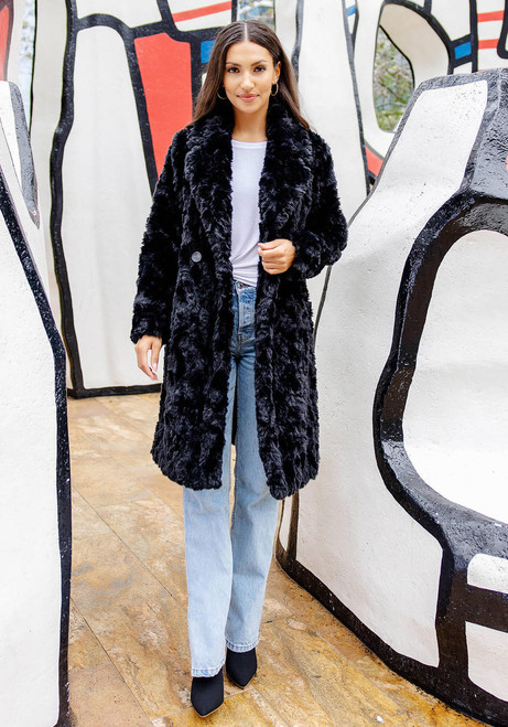 Fabulous-Furs Black Faux Fur Everywhere Persian Lamb Knee-Length Coat 