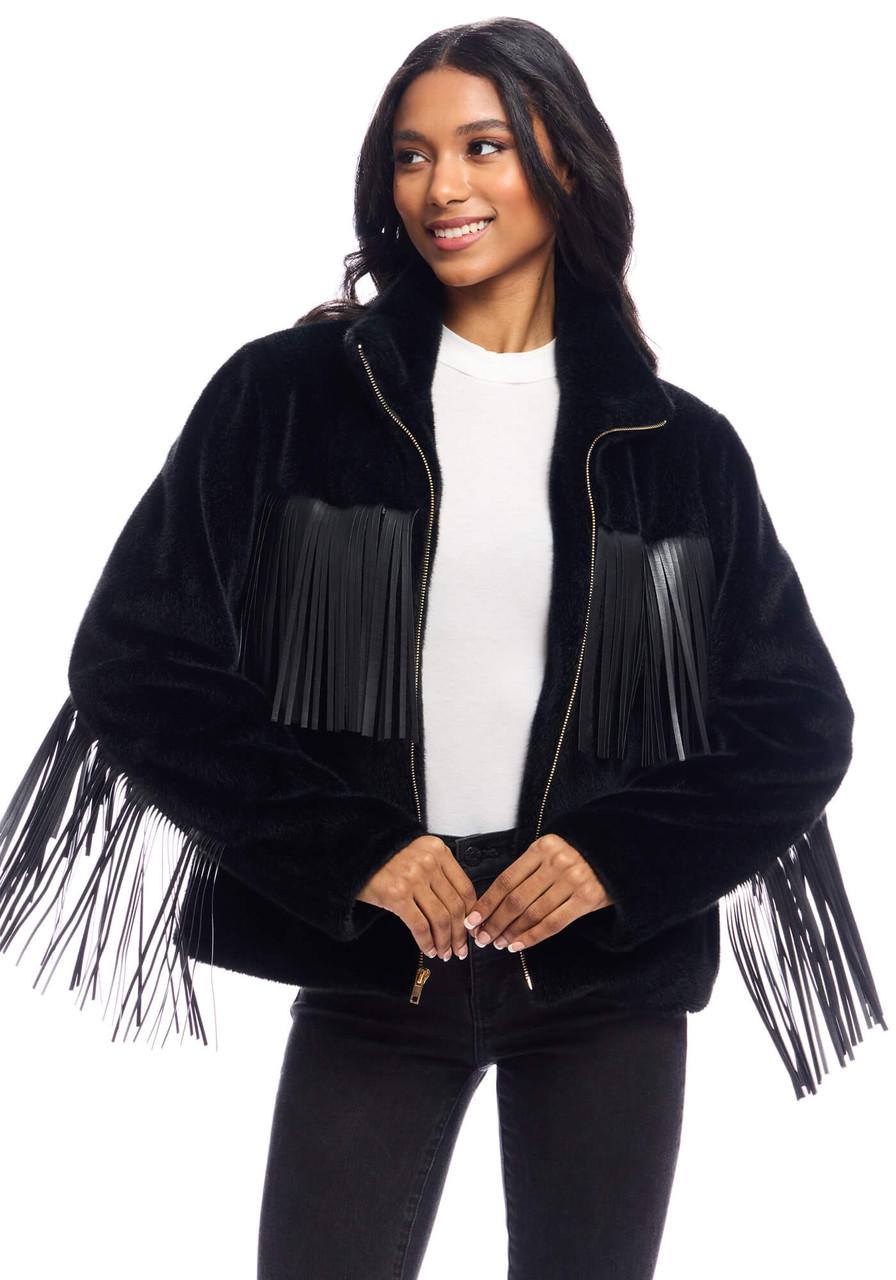 Fabulous-Furs Black Faux Fur Farrah Fringe Jacket 