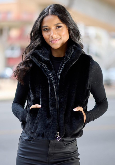 Fabulous-Furs Black Faux Fur Le Mink Zip Vest 