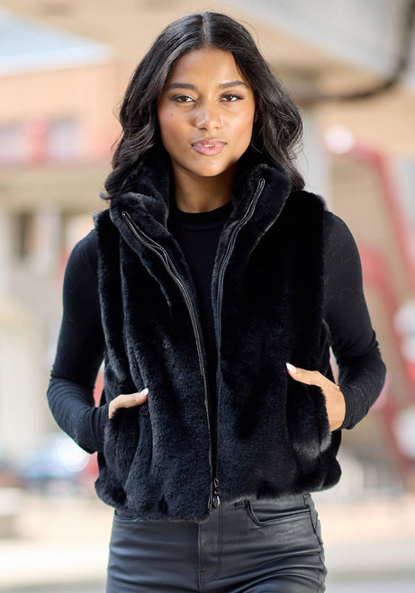 Fabulous-Furs Black Faux Fur Le Mink Zip Vest 