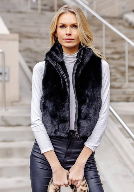 Fabulous-Furs Black Faux Fur Le Mink Zip Vest 