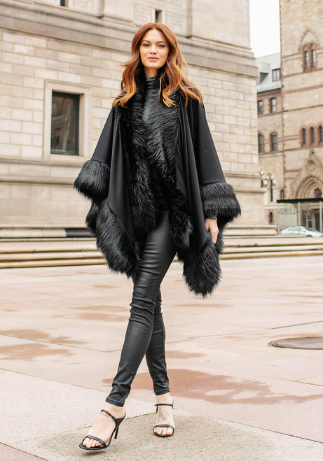 Fabulous-Furs Black Fox Faux Fur-Trimmed Shawl 