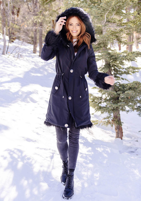 Fabulous-Furs Black Fox Hooded Faux Fur-Lined Knee-Length Storm Coat 