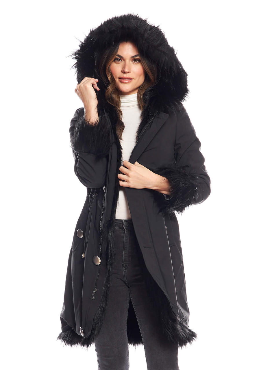 Fabulous-Furs Black Fox Hooded Faux Fur-Lined Knee-Length Storm Coat  Fabulous-Furs Black Fox Hooded Faux Fur-Lined Knee-Length Storm Coat