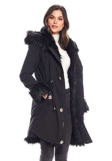 Fabulous-Furs Black Fox Hooded Faux Fur-Lined Knee-Length Storm Coat 