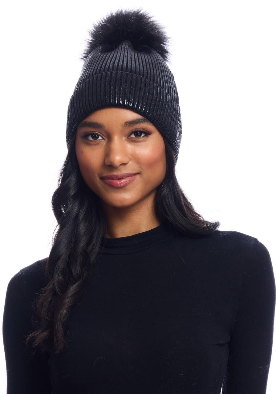 Fabulous-Furs Black Metallic Knit Faux Fur Pom Hat 