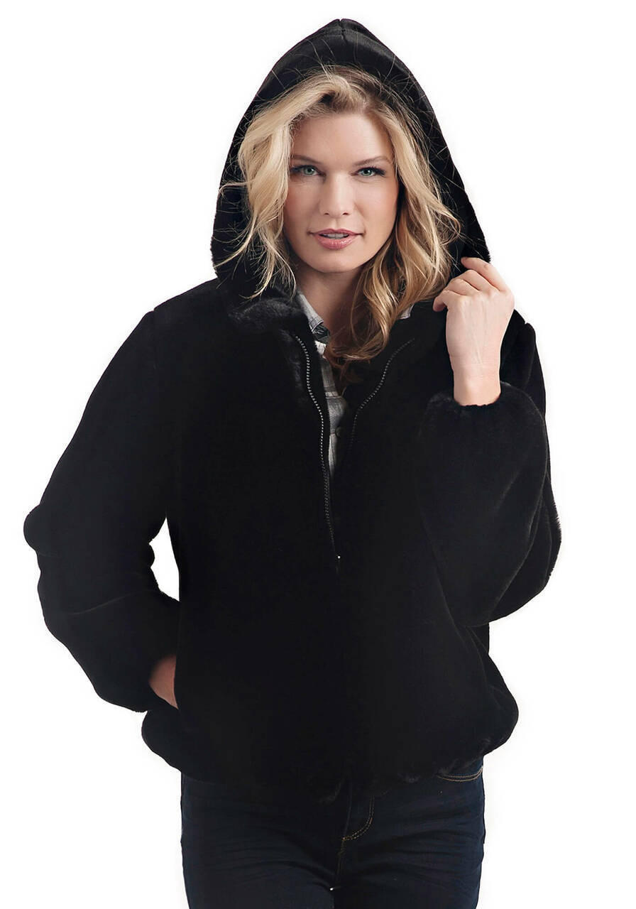 Fabulous-Furs Black Sheared Beaver Faux Fur Hooded Parka 