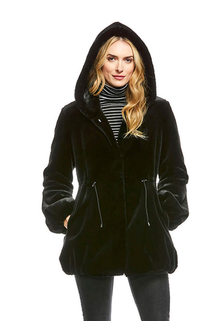 Fabulous-Furs Black Sheared Beaver Hooded Faux Fur Anorak Coat 