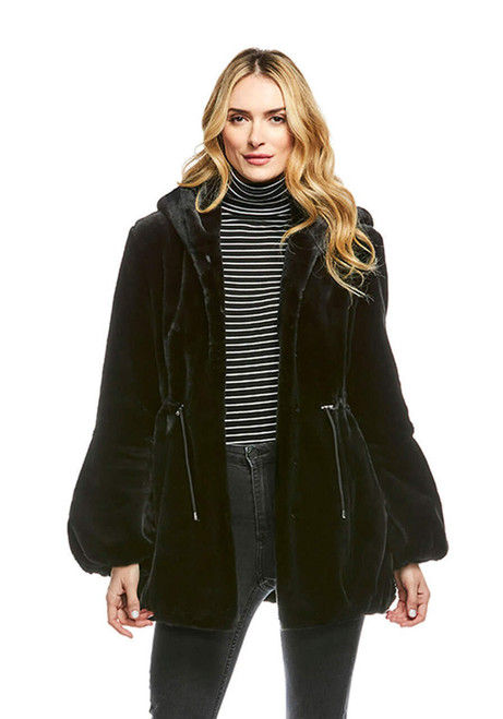 Fabulous-Furs Black Sheared Beaver Hooded Faux Fur Anorak Coat 