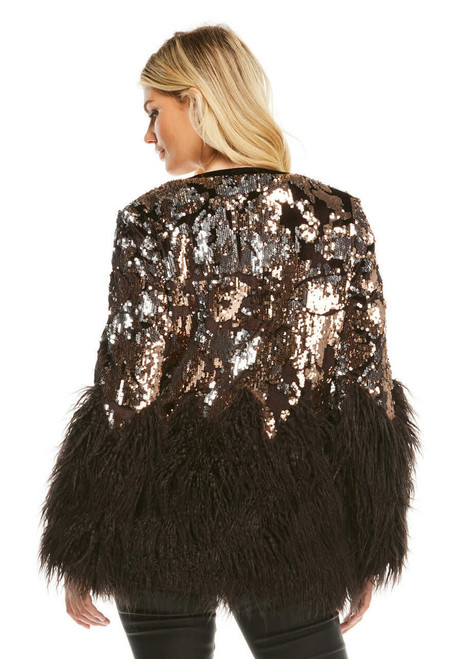 Fabulous-Furs Bronze Sequin Shimmer Faux Fur-Trimmed Jacket 