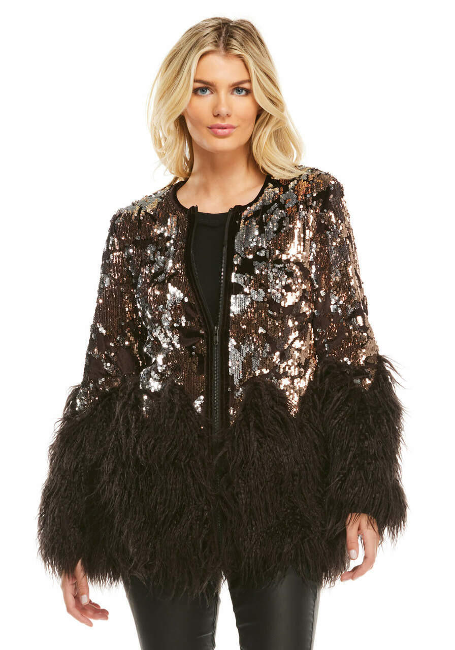 Fabulous-Furs Bronze Sequin Shimmer Faux Fur-Trimmed Jacket 