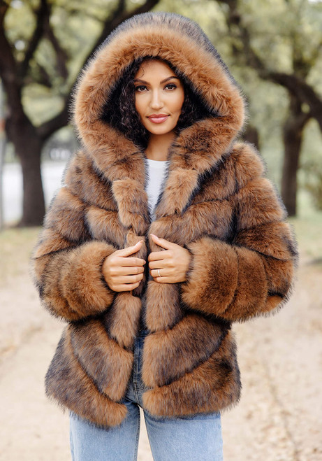 Fabulous-Furs Cedar Fox Faux Fur Chateau Chevron Hooded Coat 