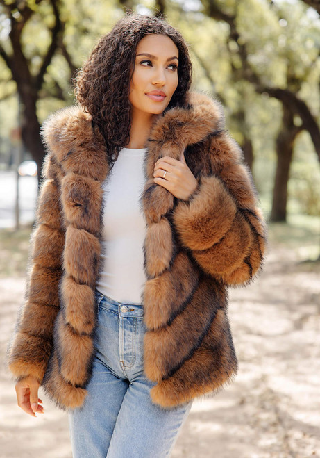 Fabulous-Furs Cedar Fox Faux Fur Chateau Chevron Hooded Coat 