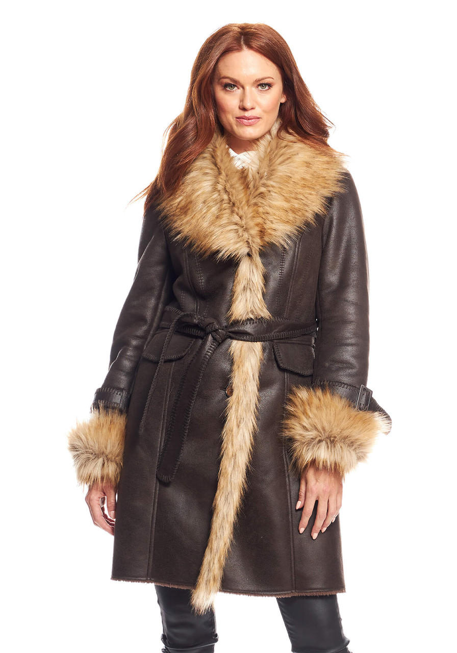 Fabulous-Furs Espresso Faux Fur Fox Collar Suede Dakota Coat 