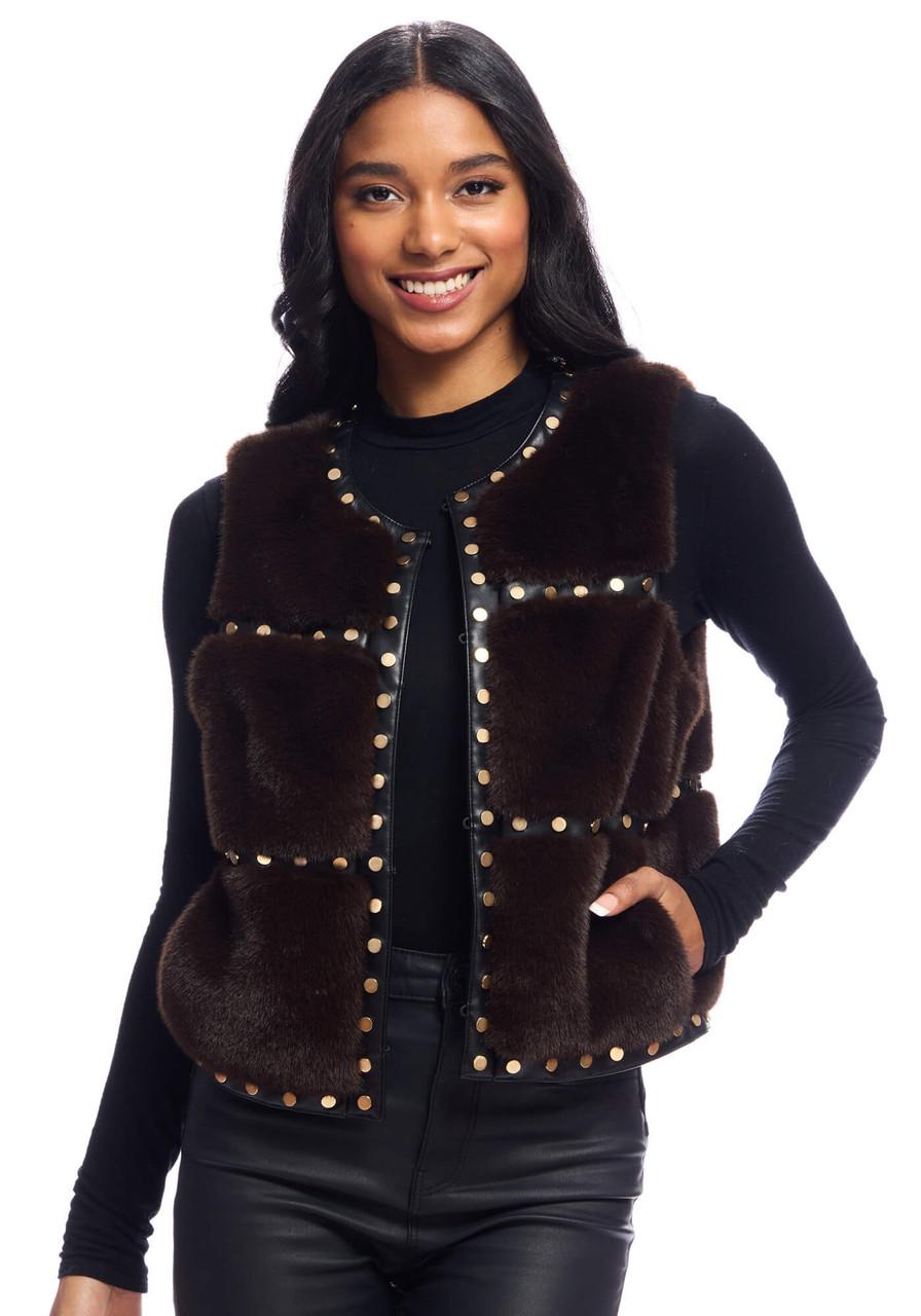 Fabulous-Furs Espresso Faux Fur Giselle Studded Vest