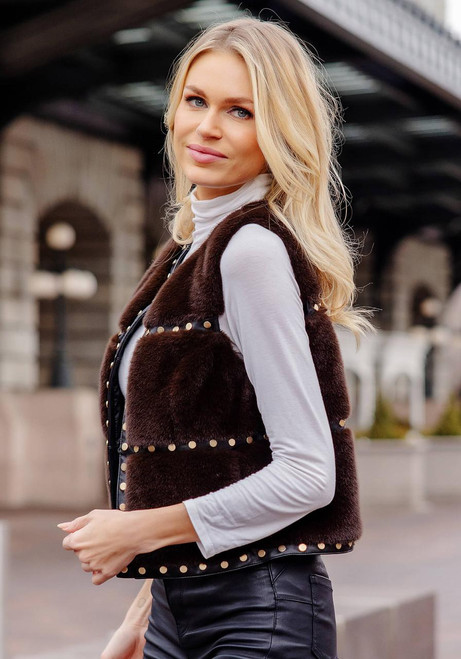 Fabulous-Furs Espresso Faux Fur Giselle Studded Vest