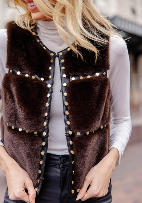 Fabulous-Furs Espresso Faux Fur Giselle Studded Vest