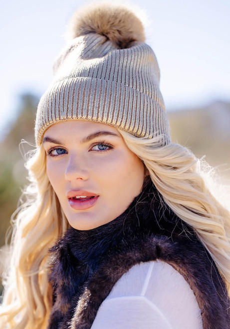 Fabulous-Furs Gold Metallic Knit Faux Fur Pom Hat 