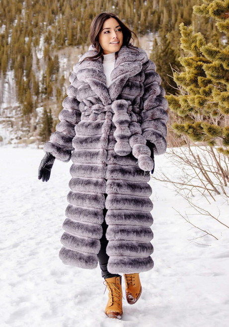 Fabulous-Furs Grey Faux Fur Mob Wife Chinchilla Coat 