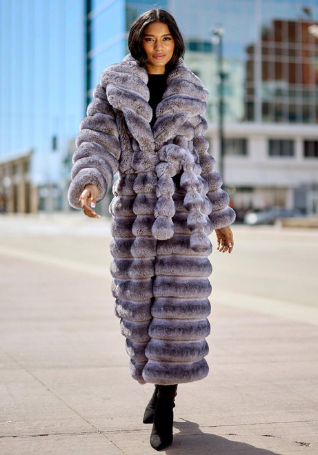 Fabulous-Furs Grey Faux Fur Mob Wife Chinchilla Coat 