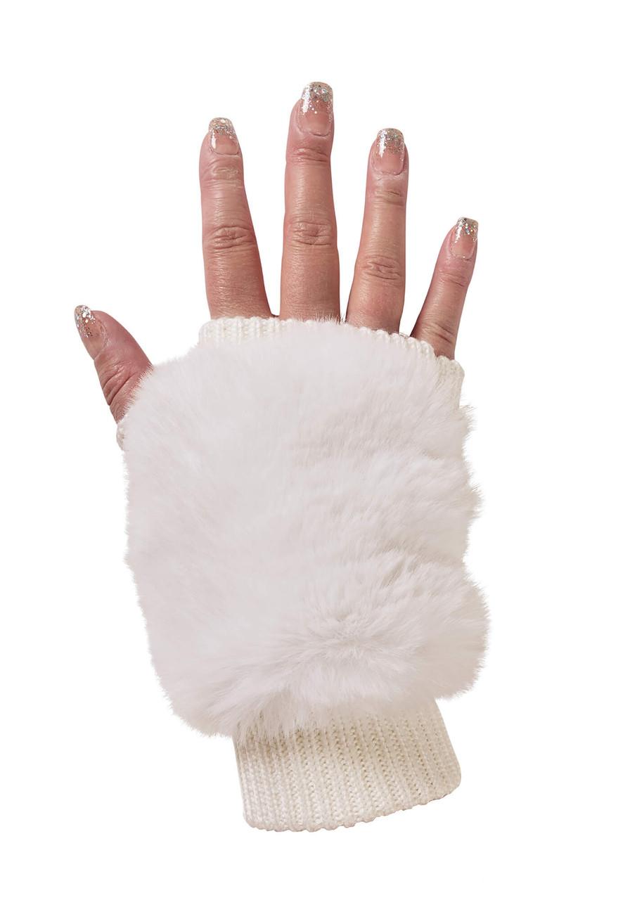Fabulous-Furs Ivory Faux Fur Knitted Fingerless Gloves 