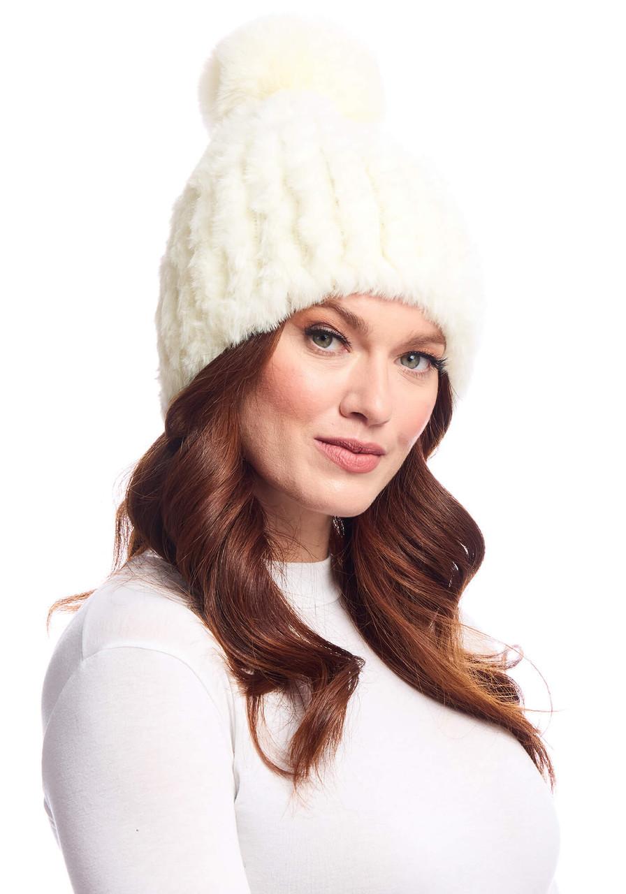 Fabulous-Furs Ivory Faux Fur Poppy Pom Beanie Hat 