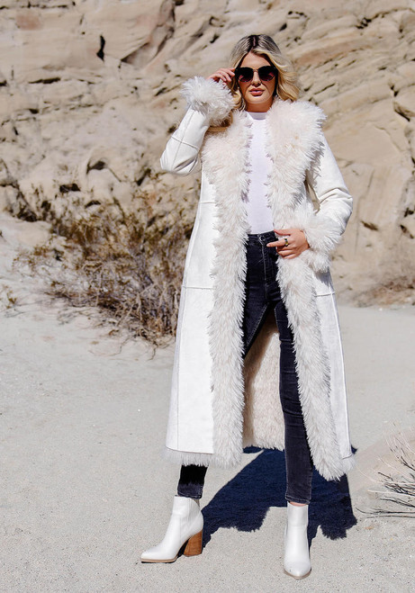 Fabulous-Furs Ivory Faux Suede & Shearling Big Sky Full-Length Coat 