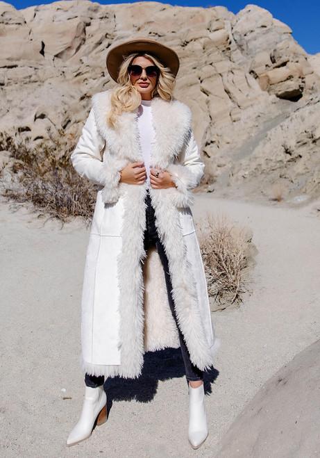 Fabulous-Furs Ivory Faux Suede & Shearling Big Sky Full-Length Coat 