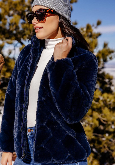 Fabulous-Furs Navy Faux Fur Paige Zip Jacket 