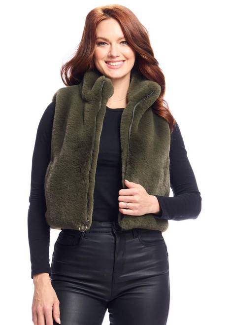 Fabulous-Furs Olive Faux Fur Le Mink Zip Vest 