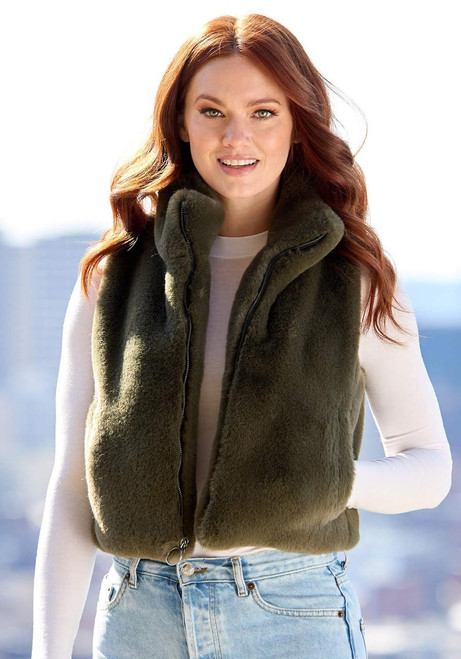 Fabulous-Furs Olive Faux Fur Le Mink Zip Vest 