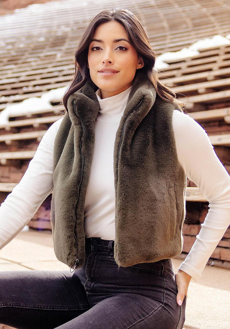 Fabulous-Furs Olive Faux Fur Le Mink Zip Vest 