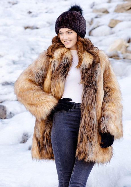 Fabulous-Furs Red Fox Faux Fur Shawl Collar Coat 