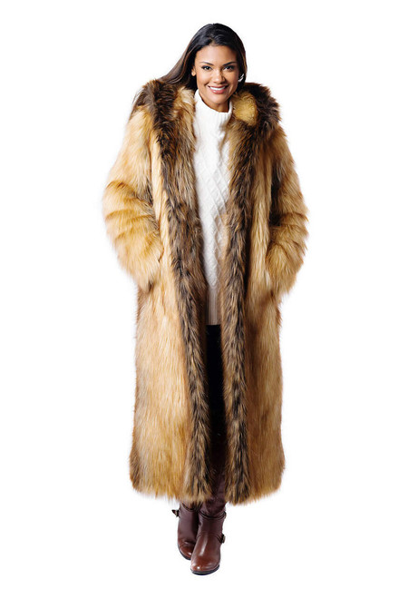 Fabulous-Furs Red Fox Hooded Full-Length Faux Fur Coat 