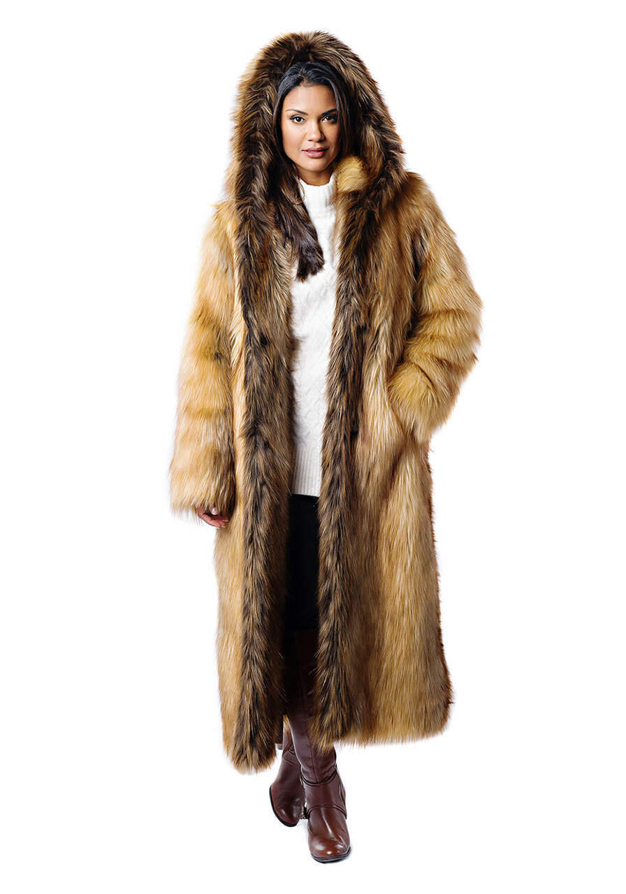 Fabulous-Furs Red Fox Hooded Full-Length Faux Fur Coat 