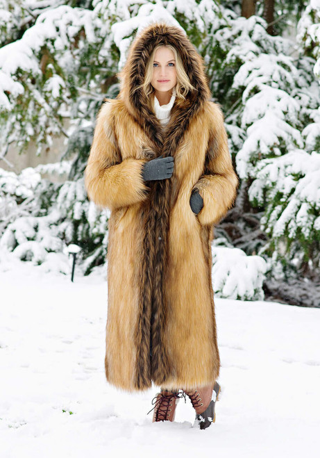 Fabulous-Furs Red Fox Hooded Full-Length Faux Fur Coat 