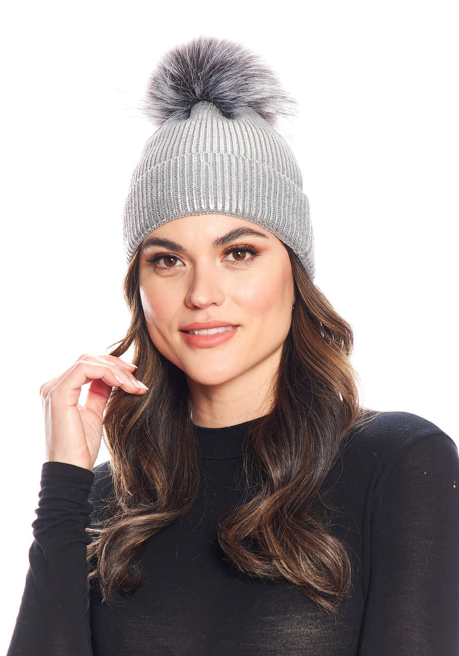 Fabulous-Furs Silver Metallic Knit Faux Fur Pom Hat 