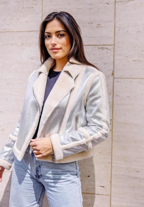 Fabulous-Furs Silver Starlight Faux Suede Moto Jacket 