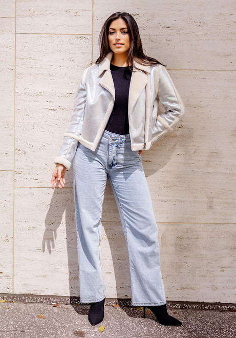 Fabulous-Furs Silver Starlight Faux Suede Moto Jacket 